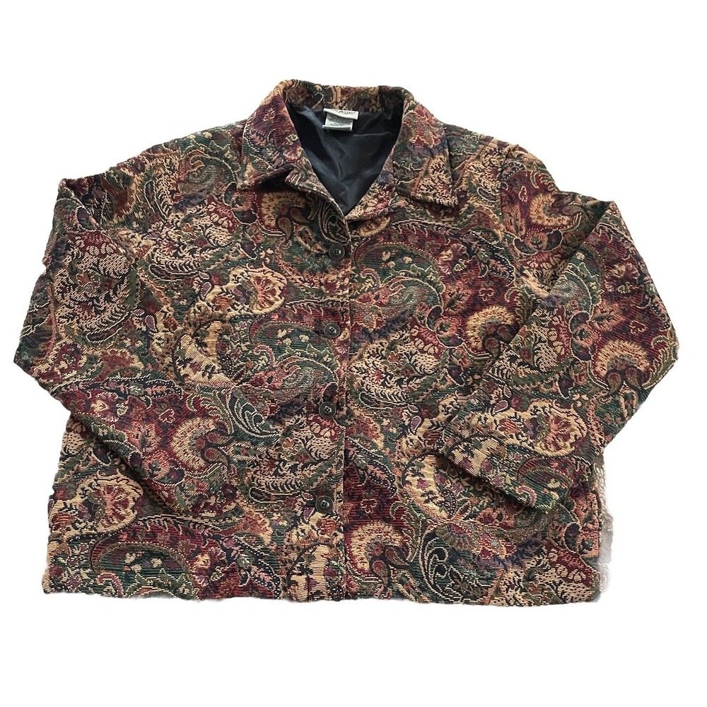 Vtg White‎ Stag Button Up Tapestry Blazer Jacket Size L Textured Floral Pockets